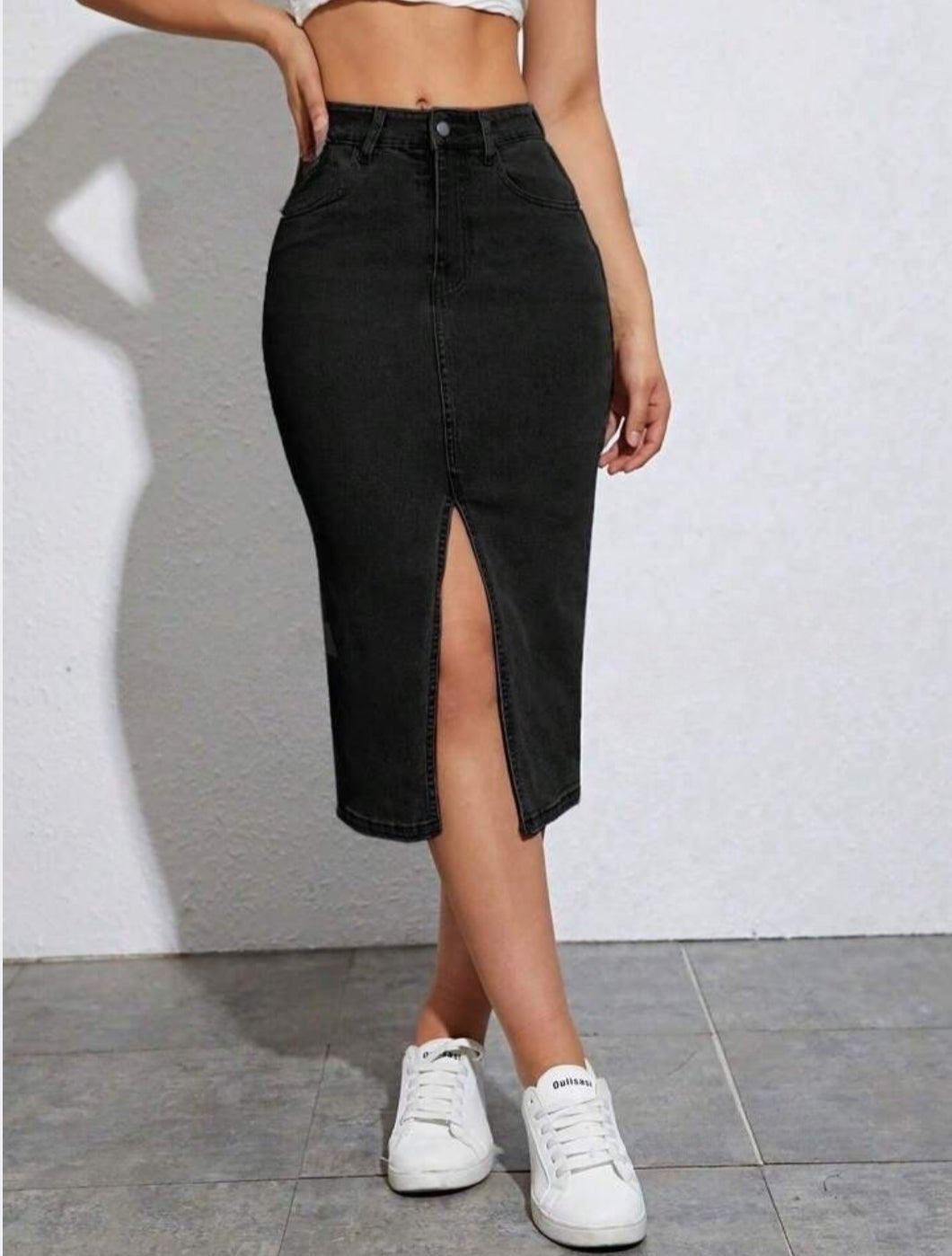 Highwaist Front Slit Denim Skirt In Black
