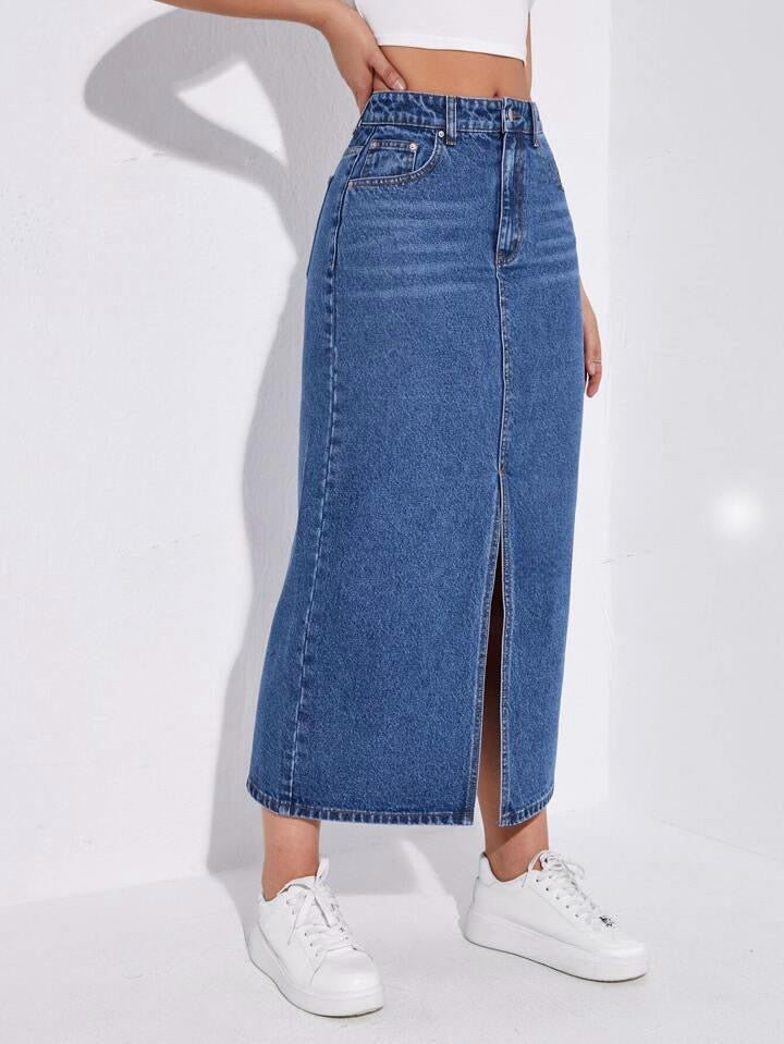 Highwaist Whisker Wash Long Skirt In Dark Blue