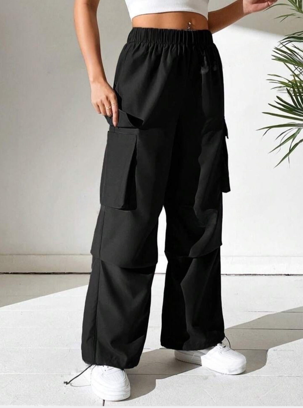 Drawstring Parachute Pants - Black