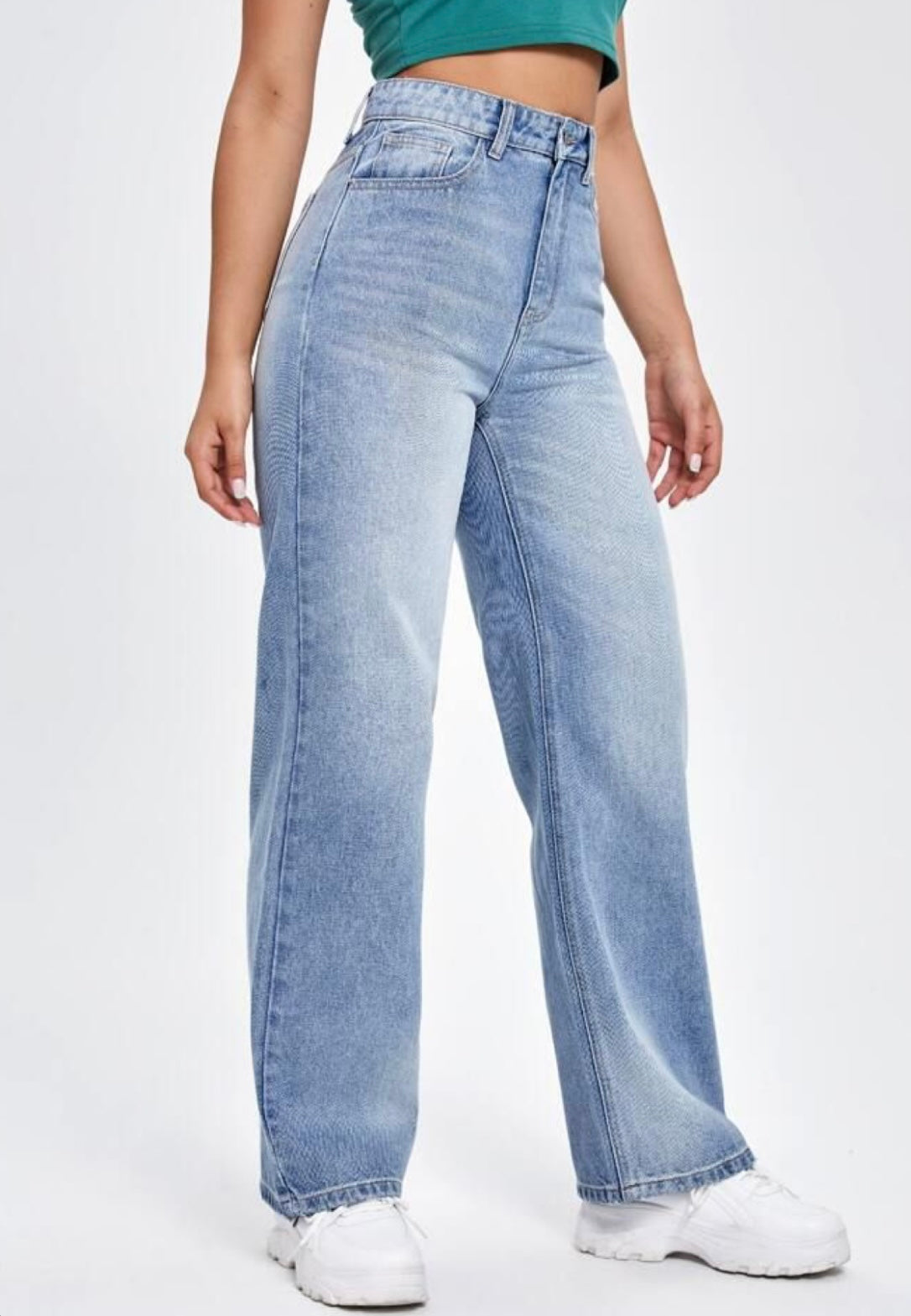 Highwaist Whiskers Straight Fit Wide Leg Denim In Light Blue