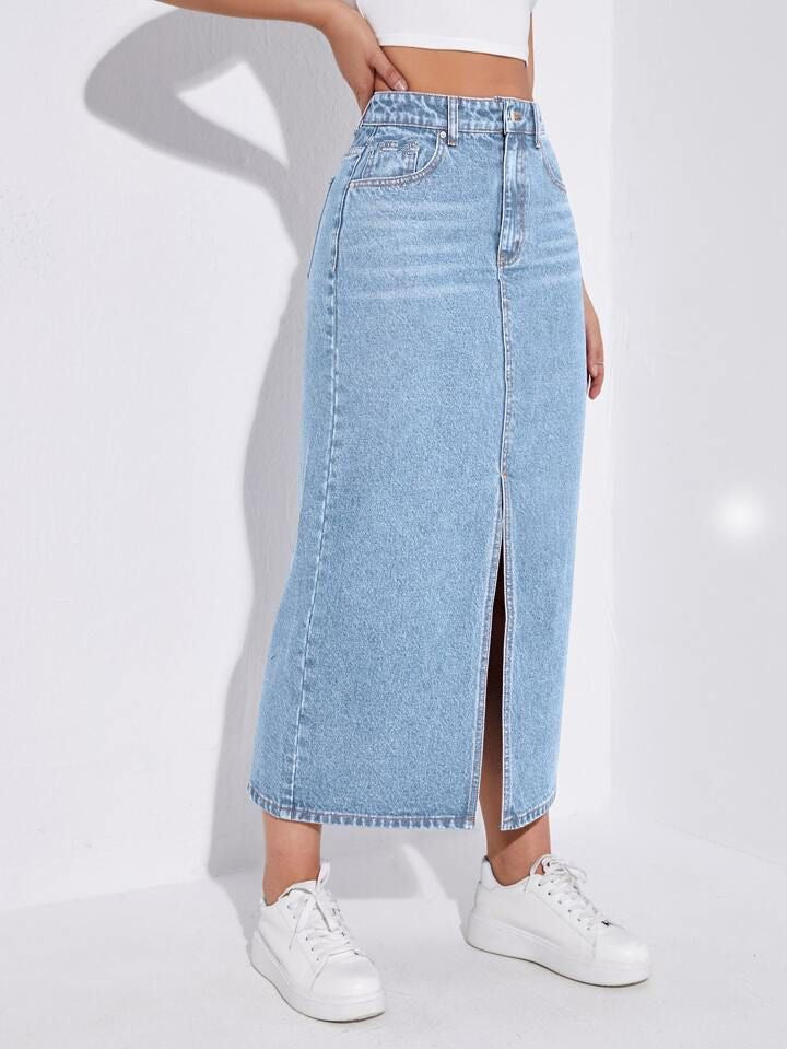 Highwaist Whisker Wash Long Skirt In Light Blue