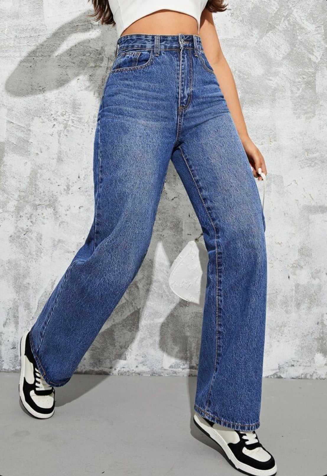 Highwaist Whiskers Straight Fit Wide Leg Denim In Dark Blue