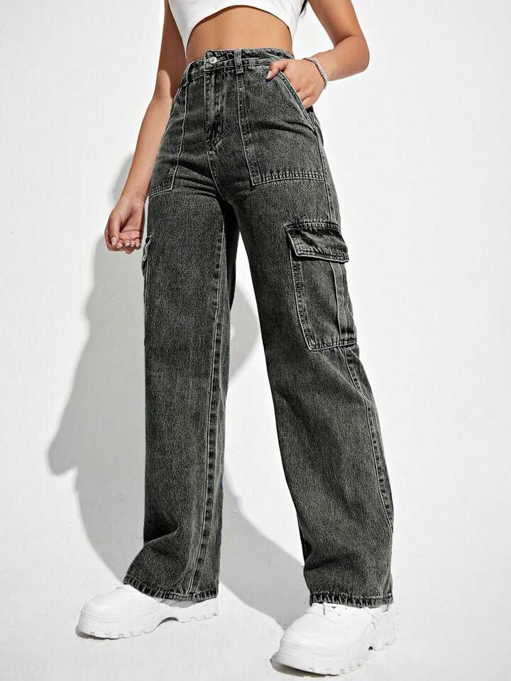 Highwaist Flap Pockets Cargo Style Denim In Charcoal Grey