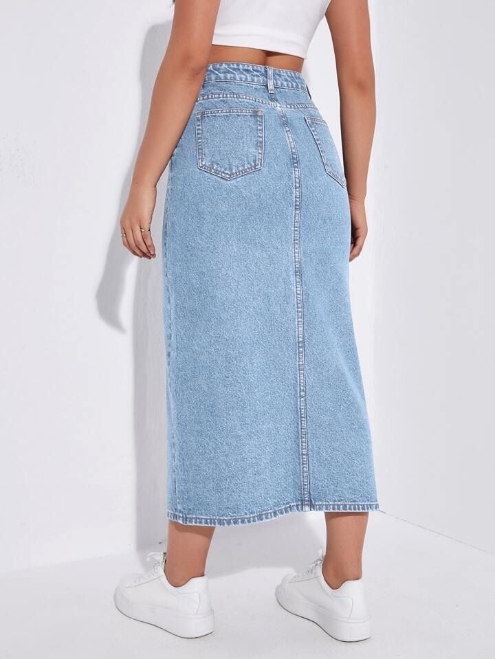 Highwaist Whisker Wash Long Skirt In Light Blue