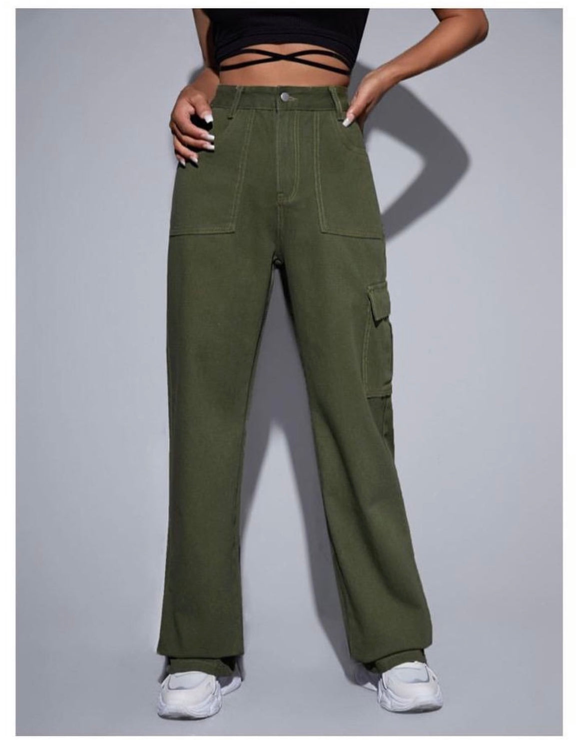 Highwaist Flap Pockets Cargo Style Denim In Green