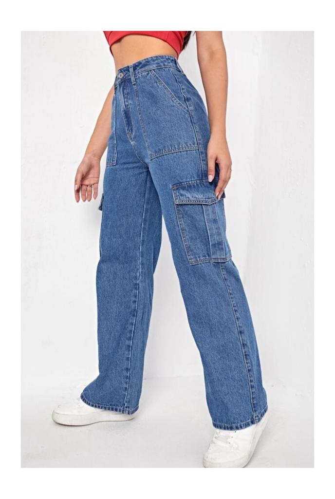 Highwaist Flap Pockets Cargo Style Denim In Dark Blue
