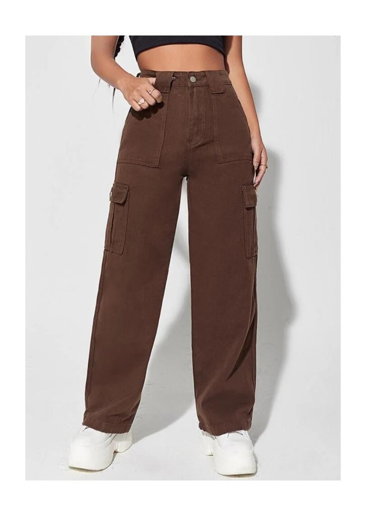 Highwaist Flap Pockets Cargo Style Denim In Dark Brown