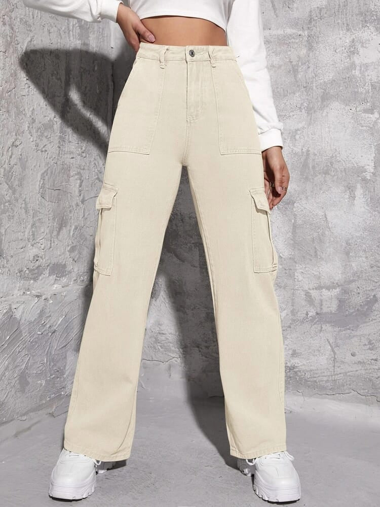 Highwaist Flap Pockets Cargo Style Denim In Cream