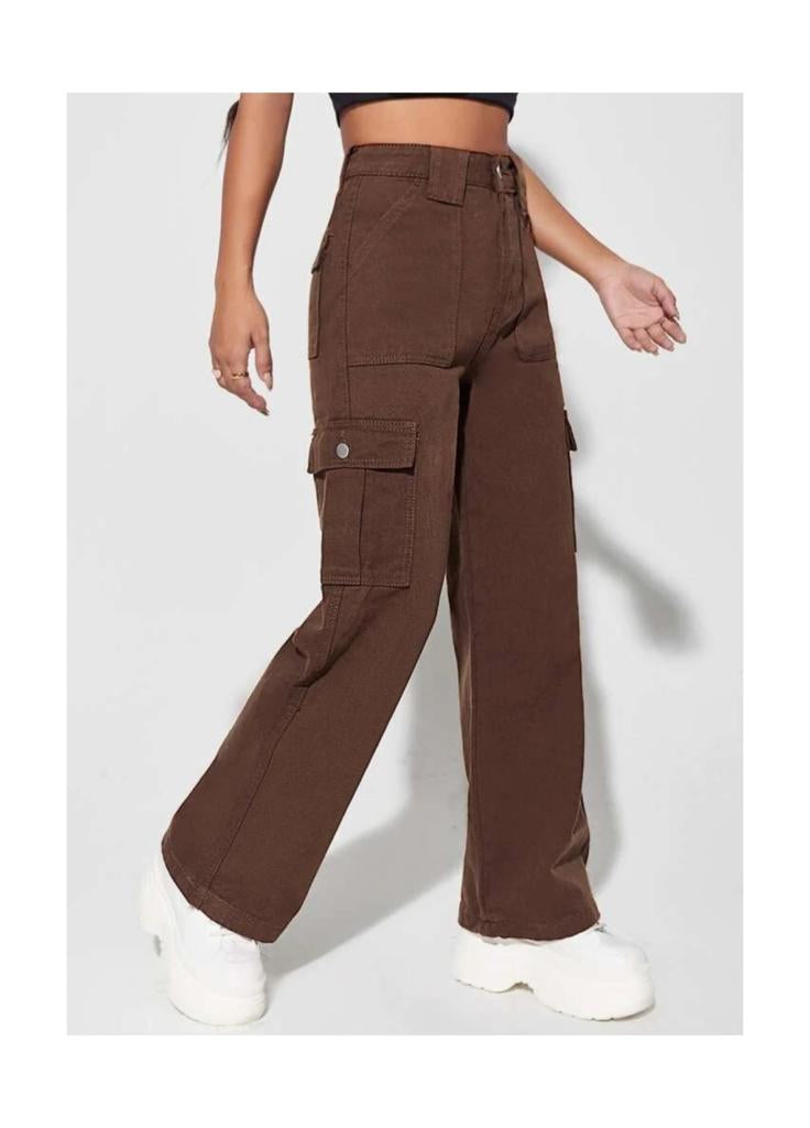 Highwaist Flap Pockets Cargo Style Denim In Dark Brown