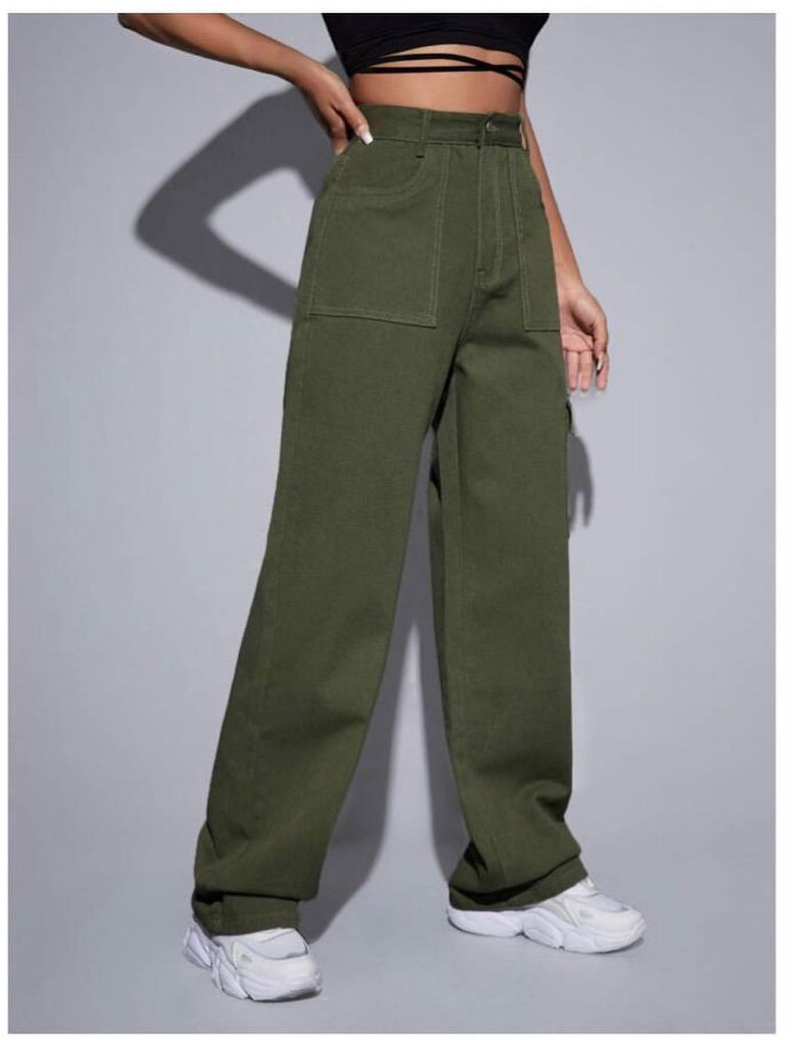Highwaist Flap Pockets Cargo Style Denim In Green