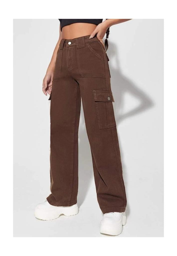 Highwaist Flap Pockets Cargo Style Denim In Dark Brown