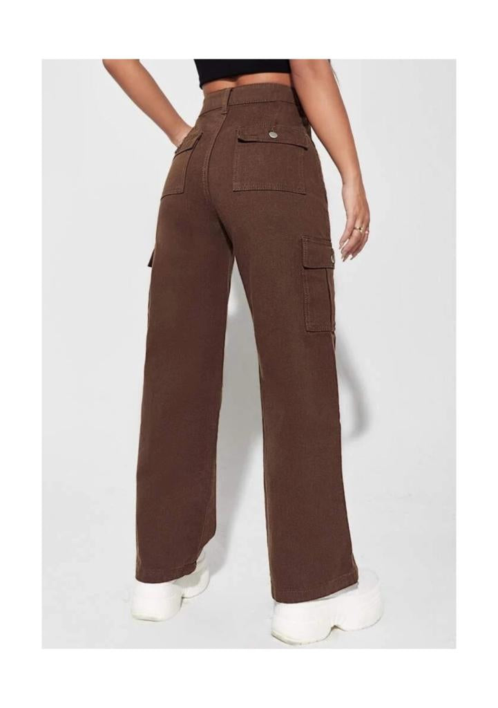 Highwaist Flap Pockets Cargo Style Denim In Dark Brown