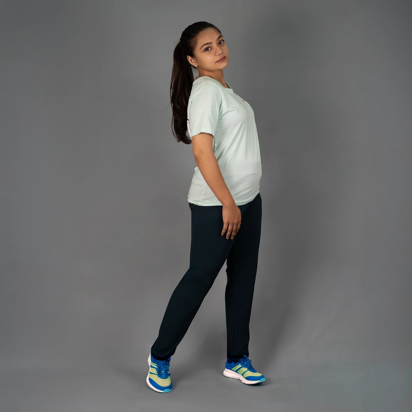 Glamulous Clothing Teal Blue sports mesh leggings front view