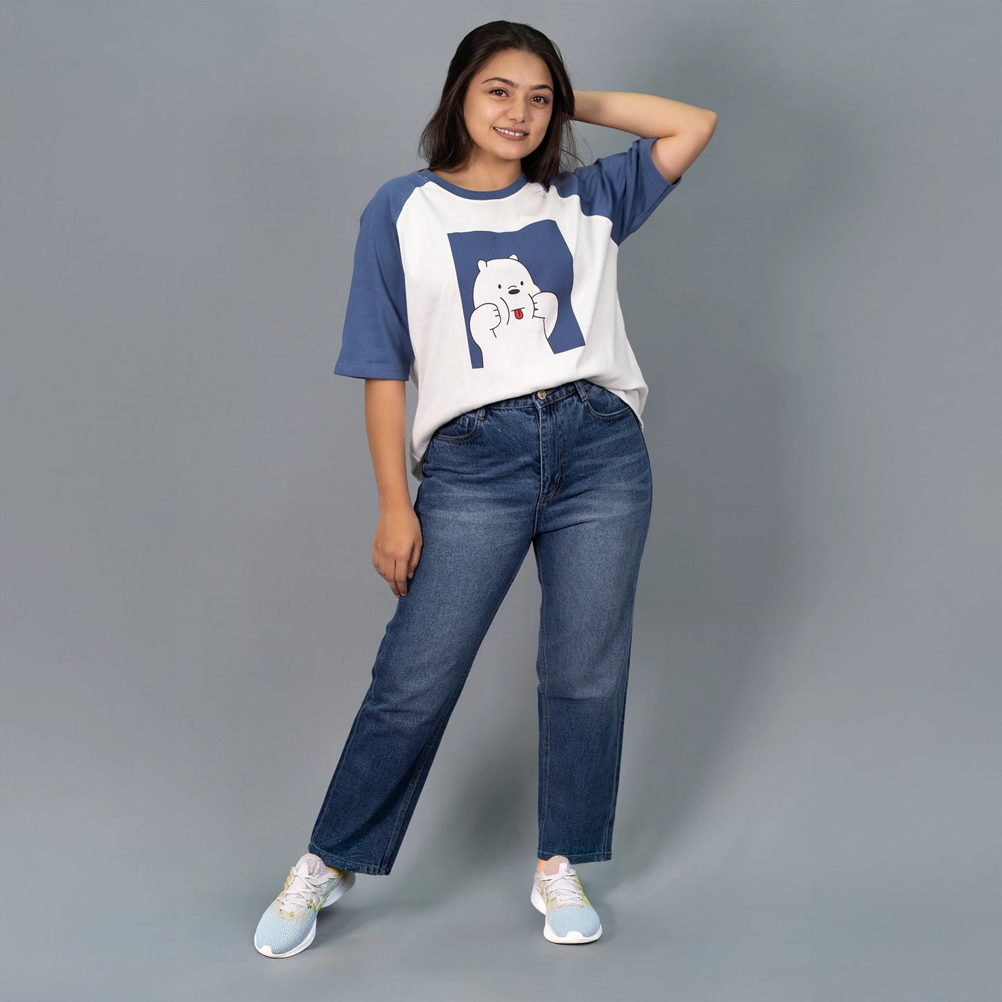 Highwaist Whisker Mom Fit Denim In Stone Blue