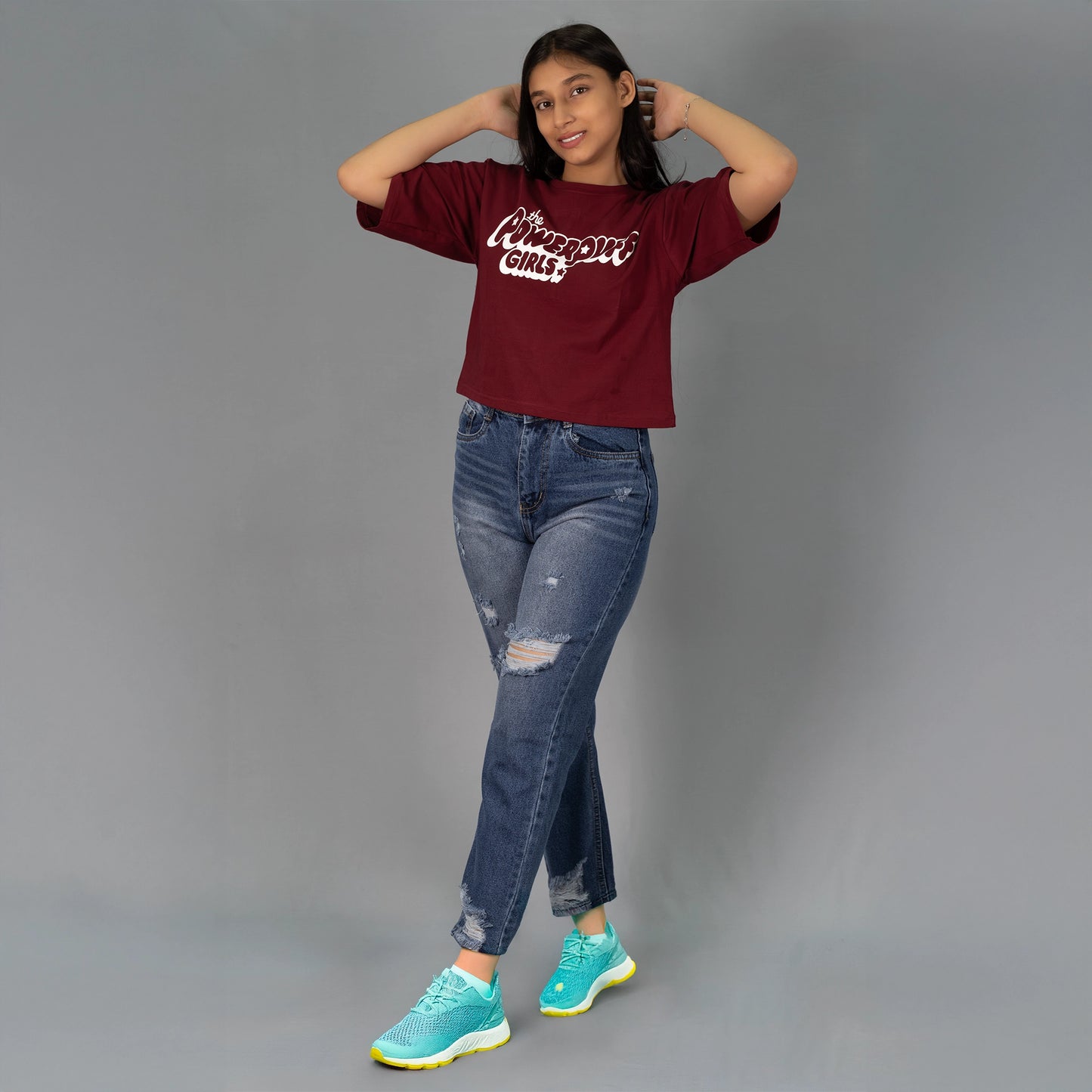 Highwaist Whiskers Distressed Mom Fit Denim In Mid Blue