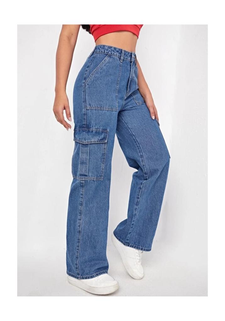 Highwaist Flap Pockets Cargo Style Denim In Dark Blue