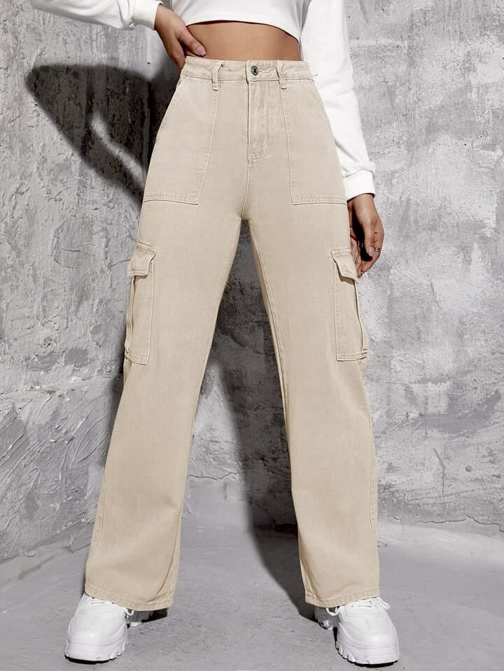 Highwaist Flap Pockets Cargo Style Denim In Beige