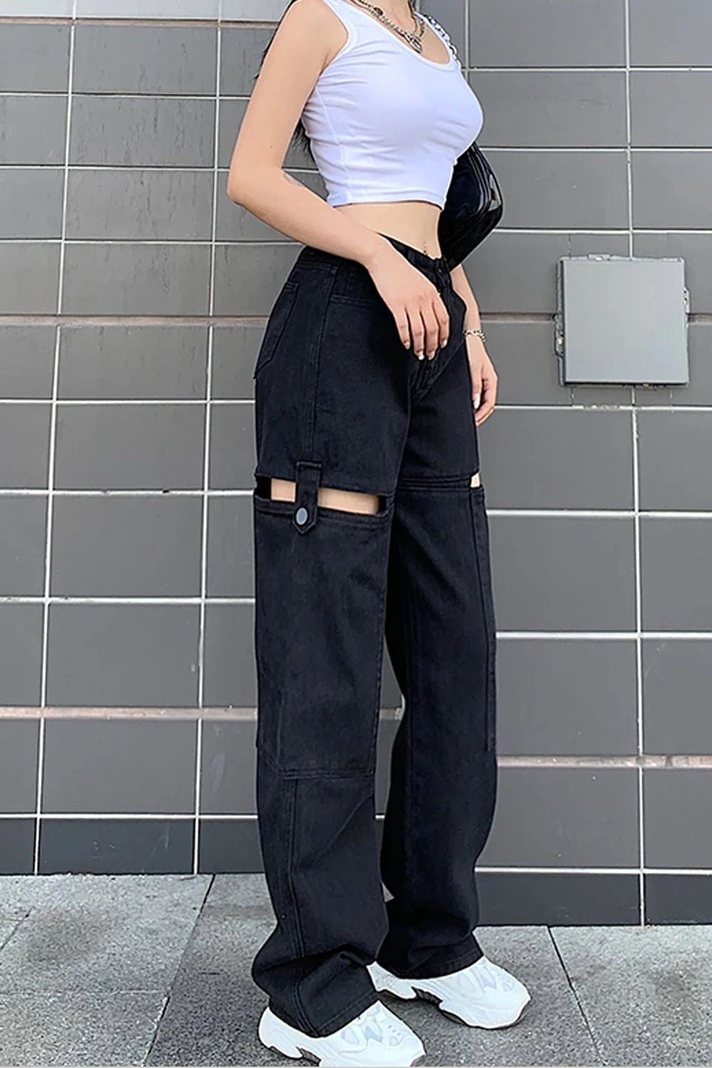 Highwaist Hollow Cut Out Wide Leg Denim In Black
