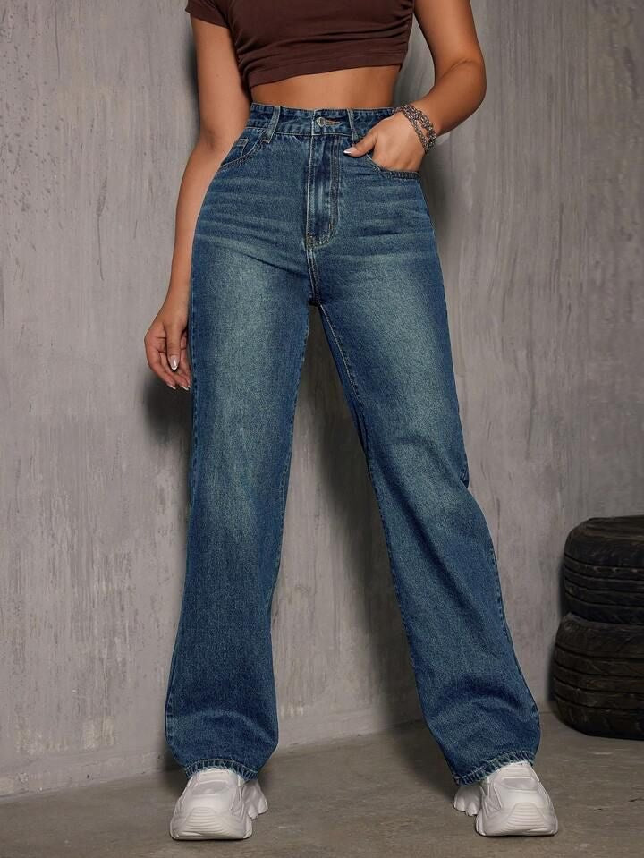 Highwaist Whisker Straight Fit Wide Leg Denim In Ocean Blue