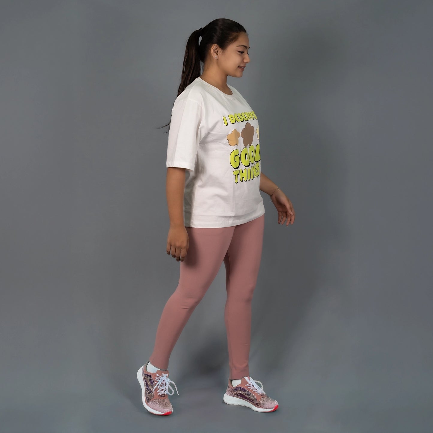 Side view of mesh light pink yoga pants – Glamulous Clothing