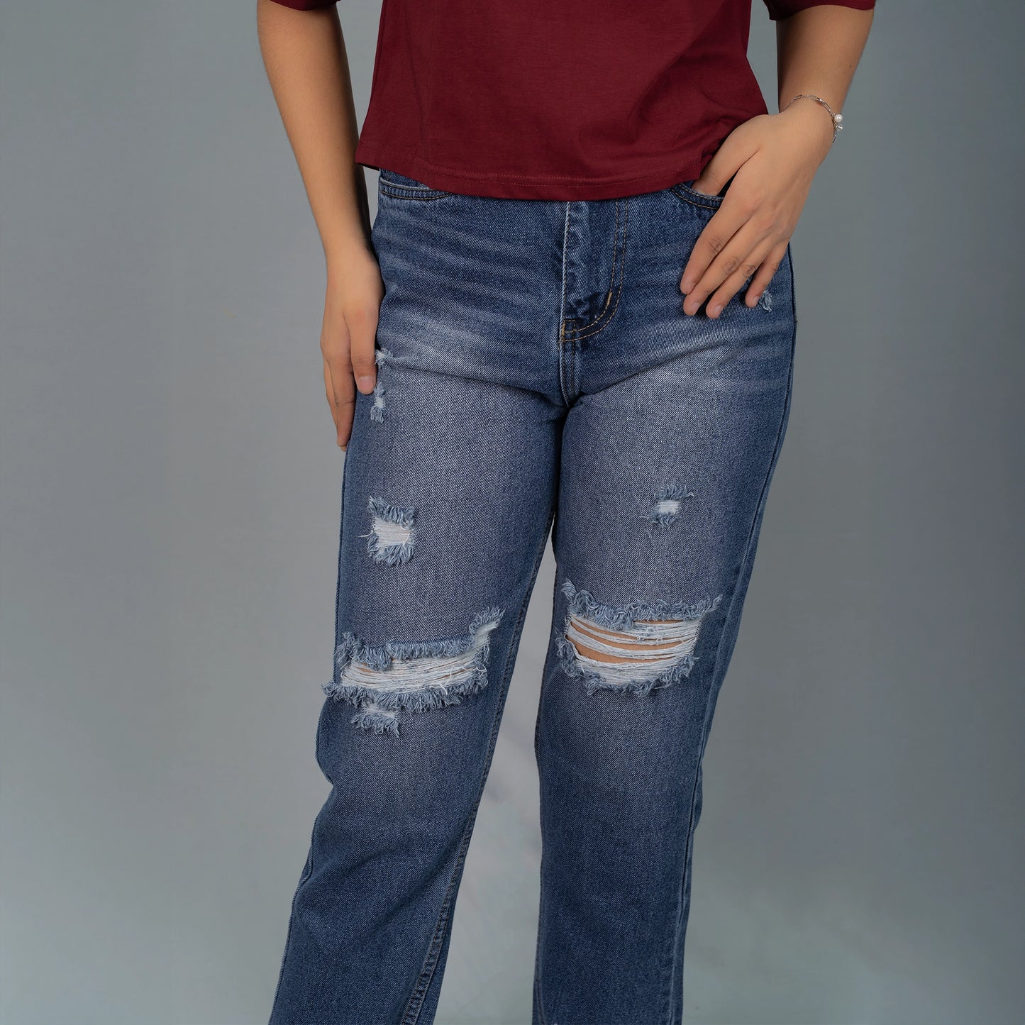 Highwaist Whiskers Distressed Mom Fit Denim In Mid Blue