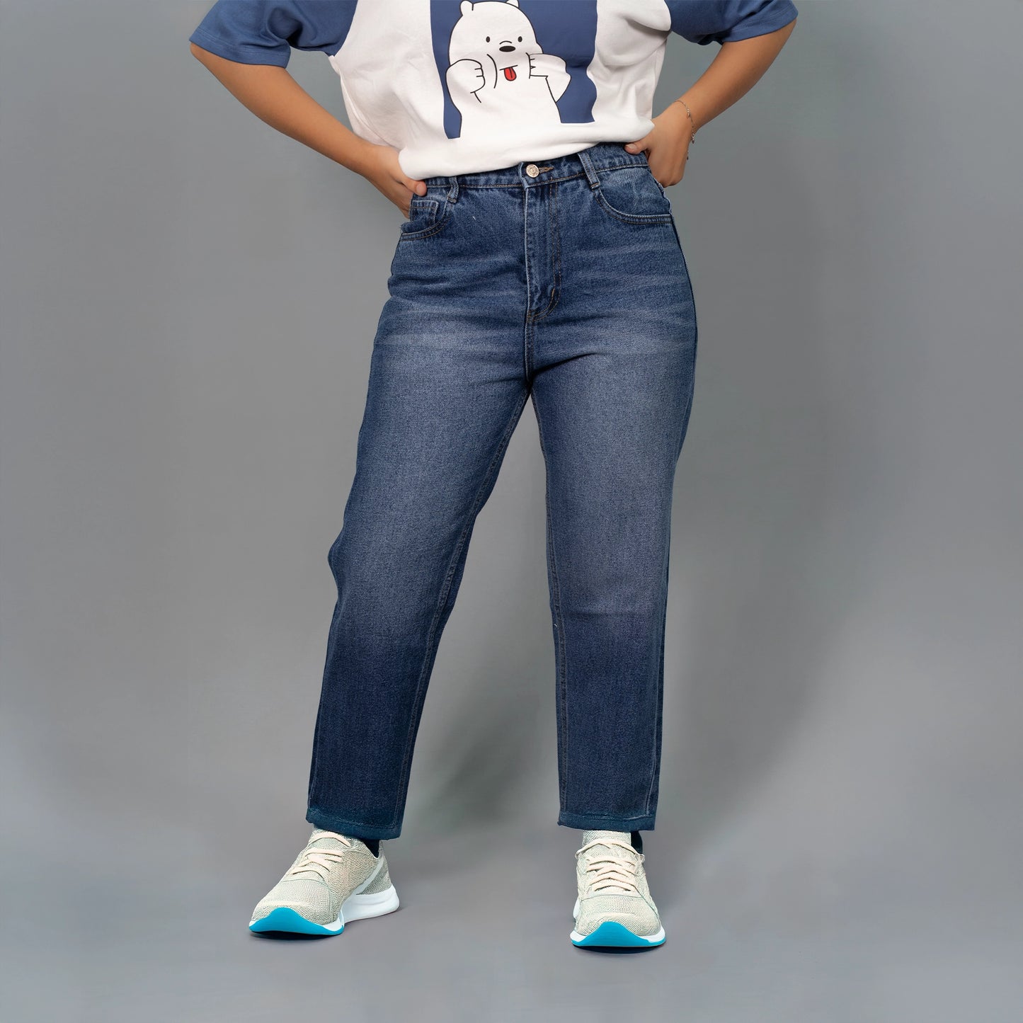 Highwaist Whisker Mom Fit Denim In Stone Blue