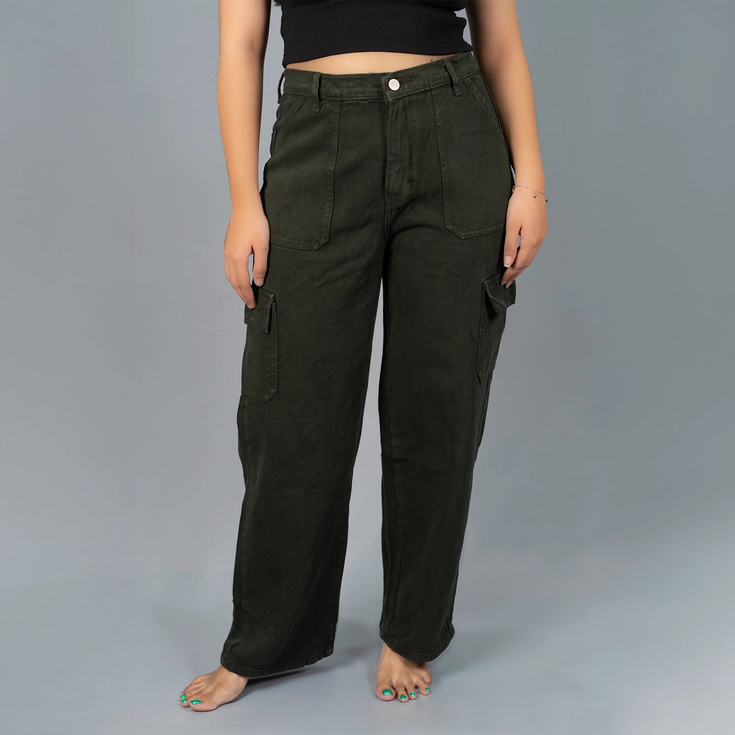 Highwaist Cargo Style Denim in Olive Green