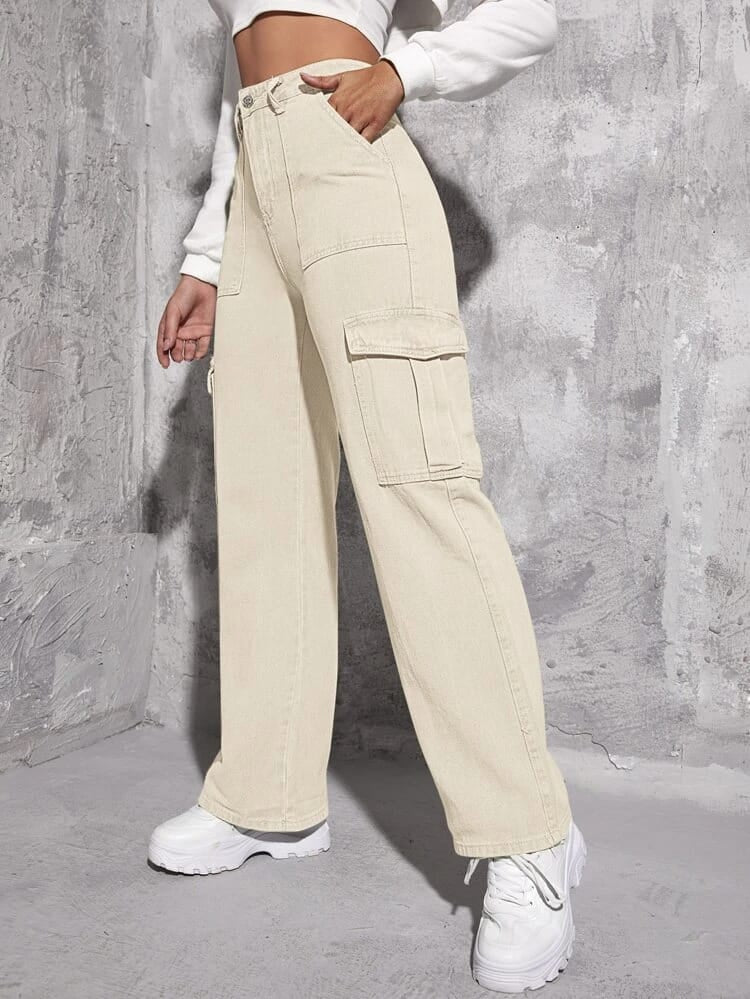 Highwaist Flap Pockets Cargo Style Denim In Cream
