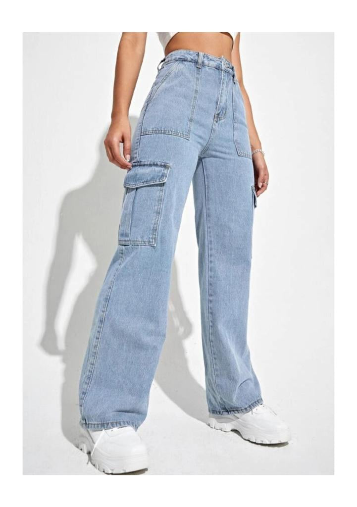Highwaist Flap Pockets Cargo Style Denim In Light Blue