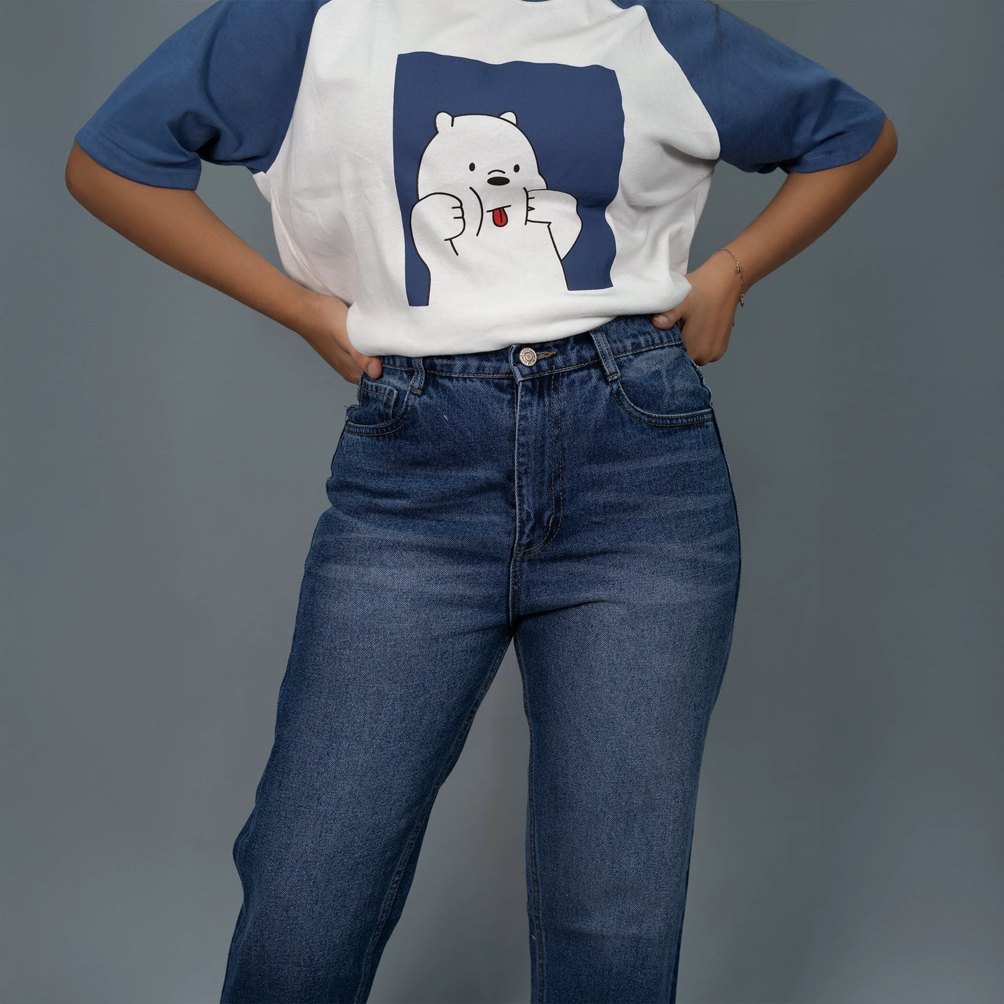 Highwaist Whisker Mom Fit Denim In Stone Blue
