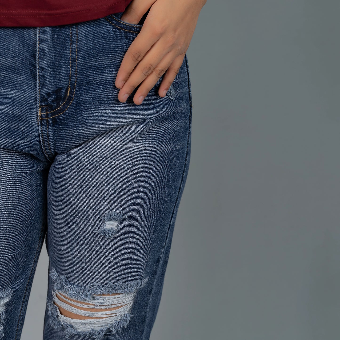Highwaist Whiskers Distressed Mom Fit Denim In Mid Blue