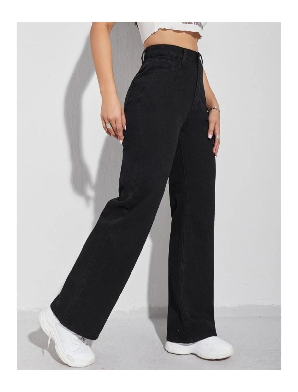Highwaist Straight Fit Wide Leg Denim In Black