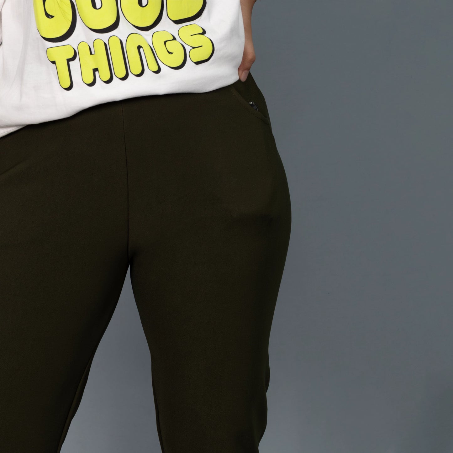 Glamulous Clothing Olive Green sports pants styled for women