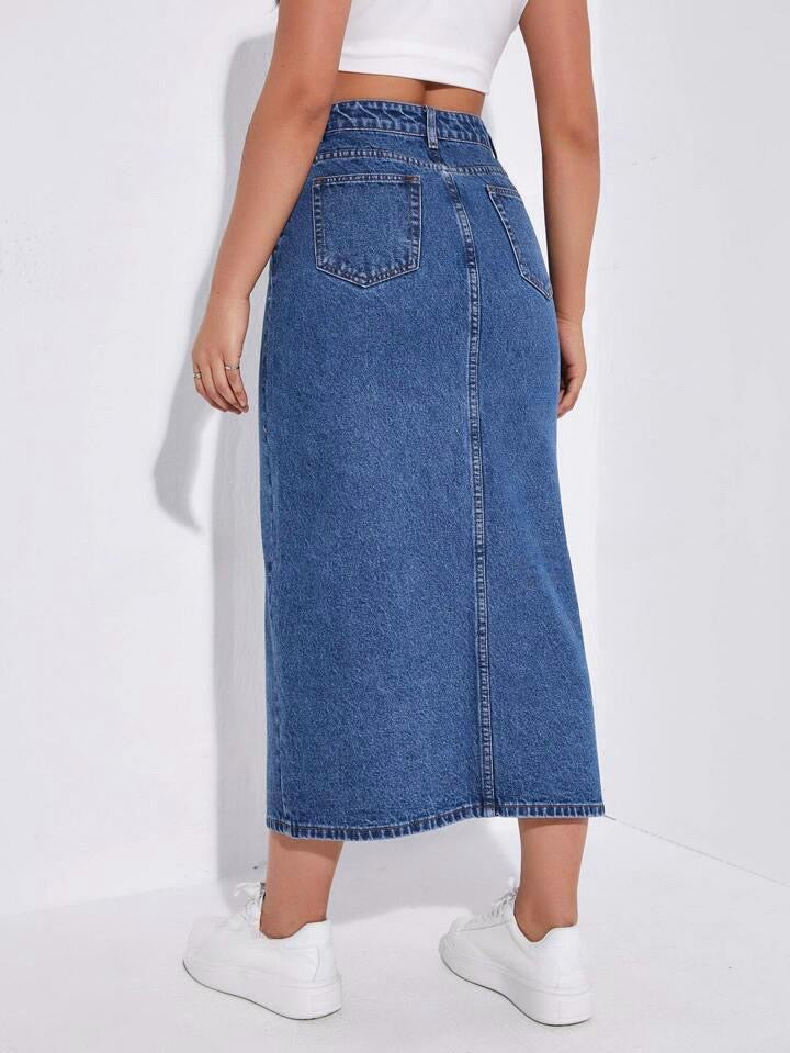 Highwaist Whisker Wash Long Skirt In Dark Blue