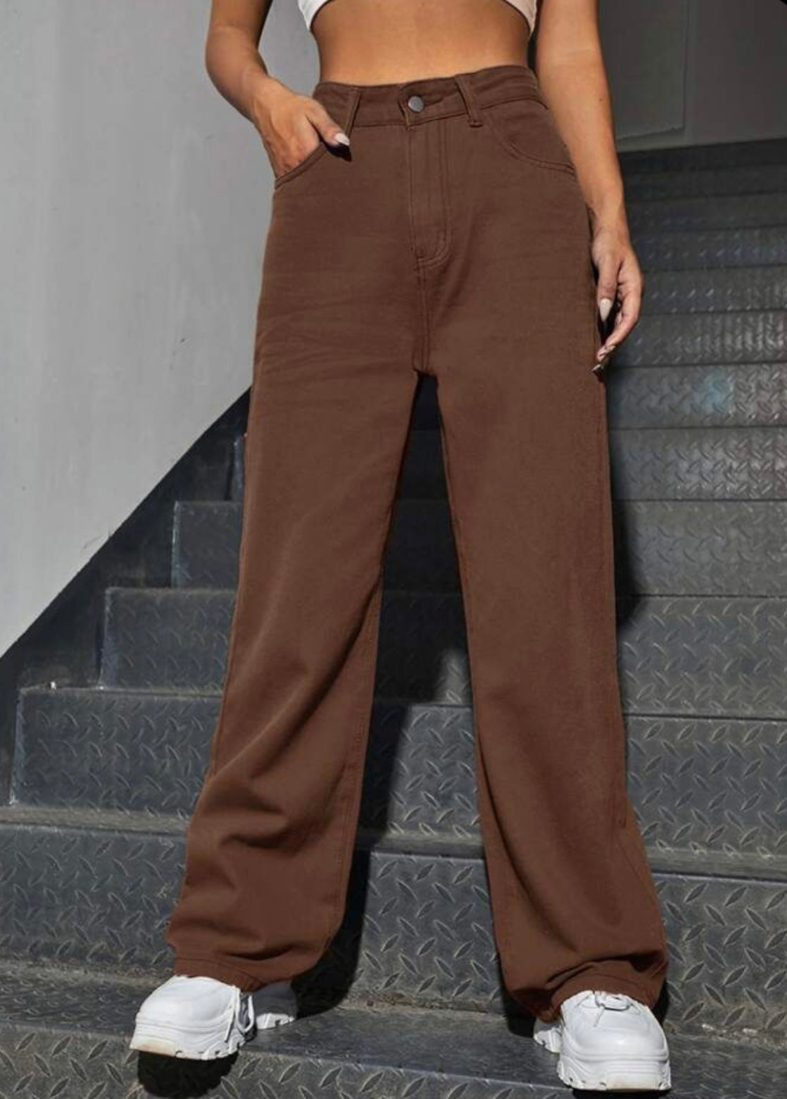 Highwaist Straight Fit Wide Leg Denim In Dark Brown