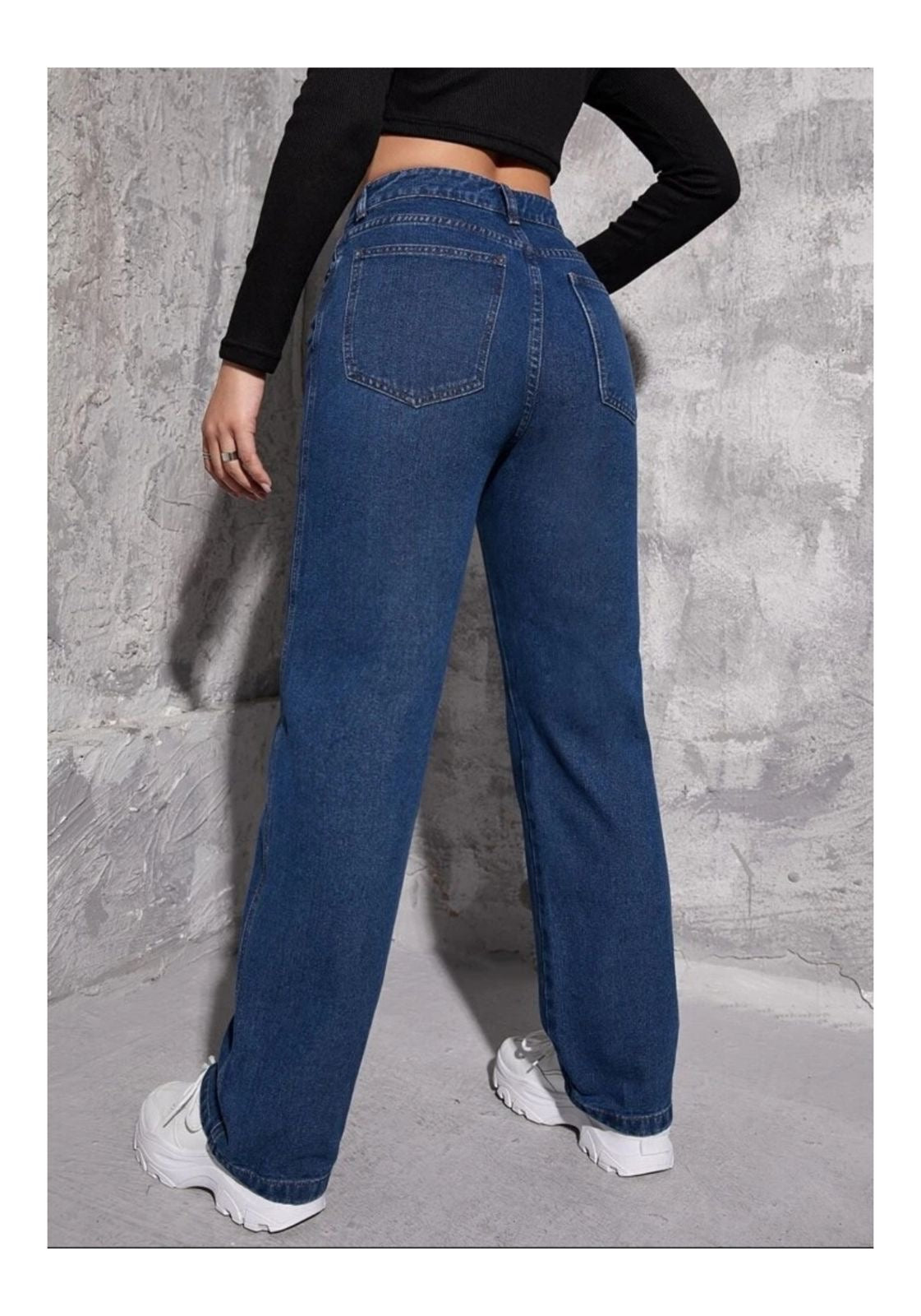 Highwaist Straight Fit Wide Leg Denim In Dark Blue