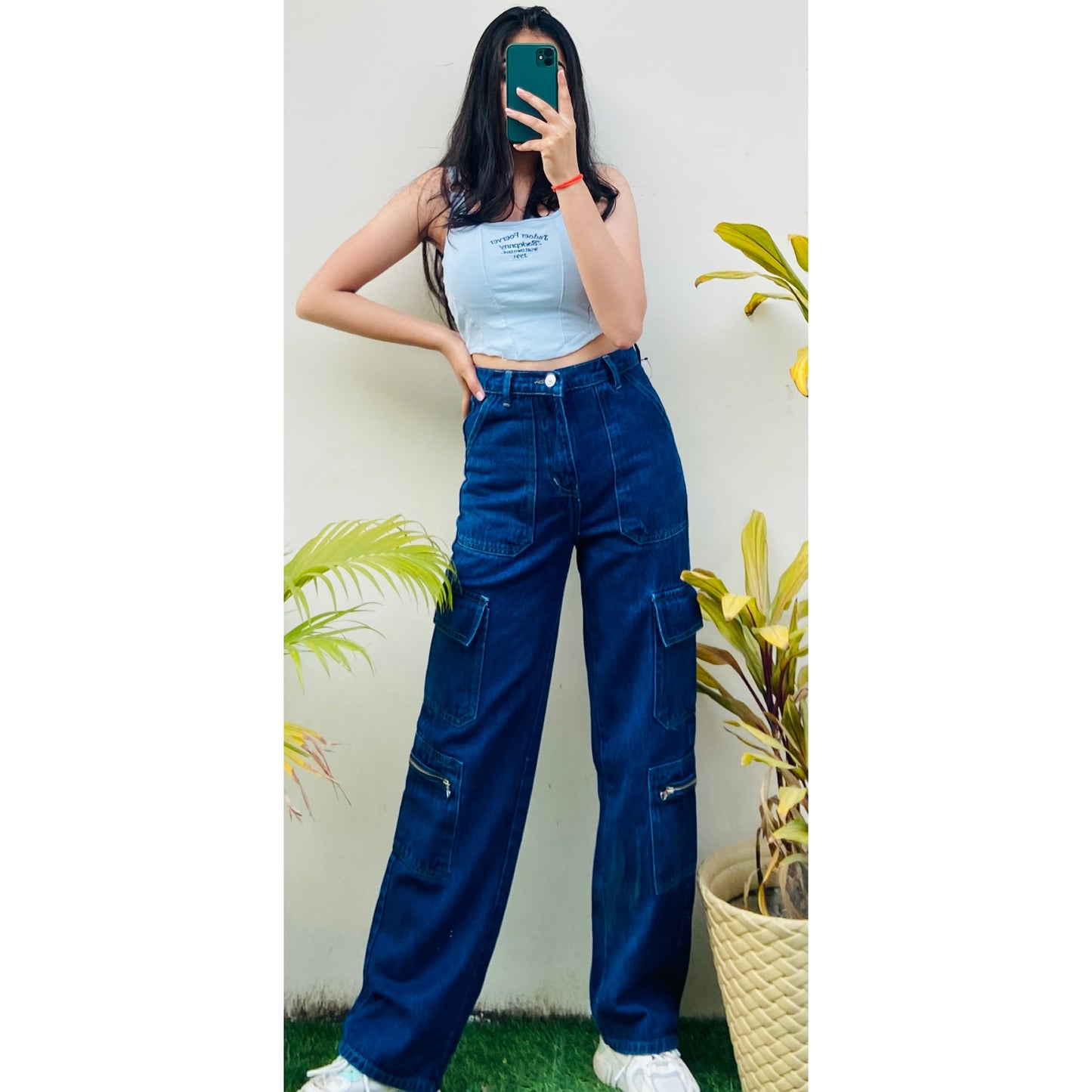 Highwaist Side Zipper Cargo Style Denim In Dark Blue