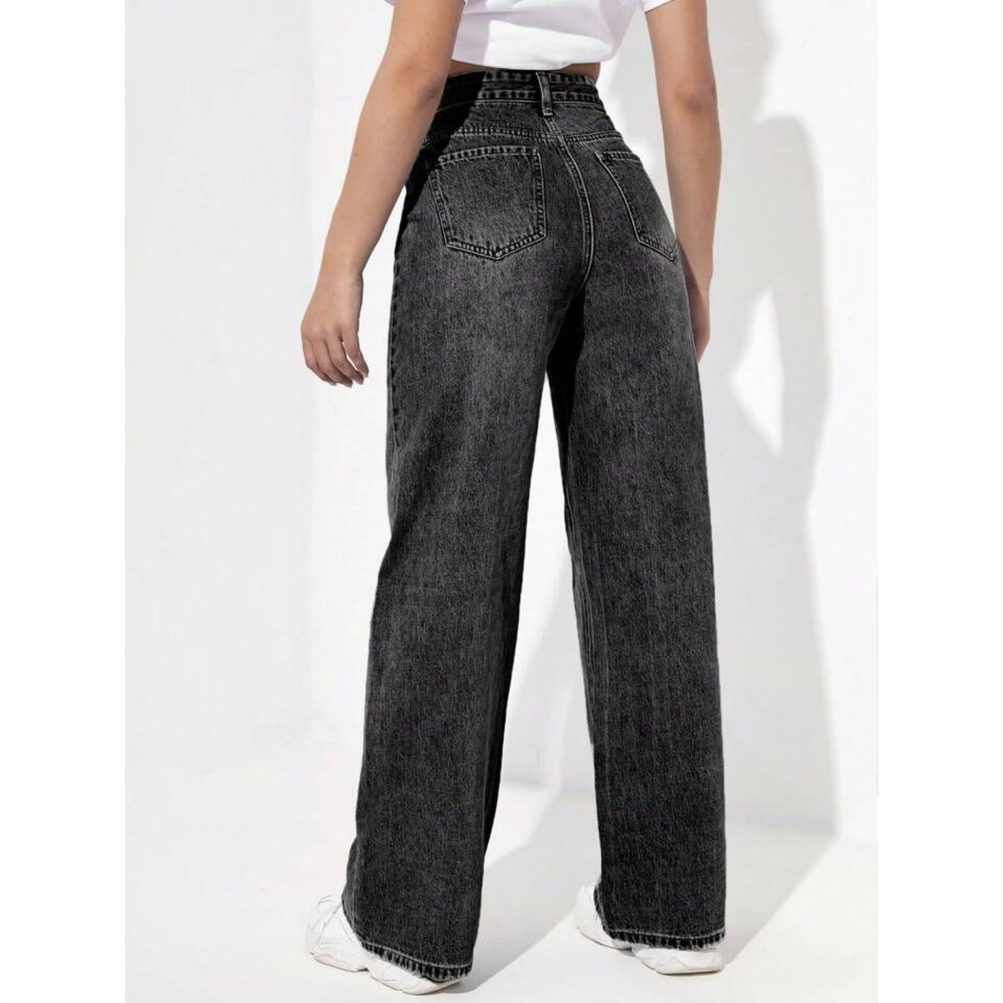 Highwaist Whisker Wide Leg Denim In Charcoal Grey