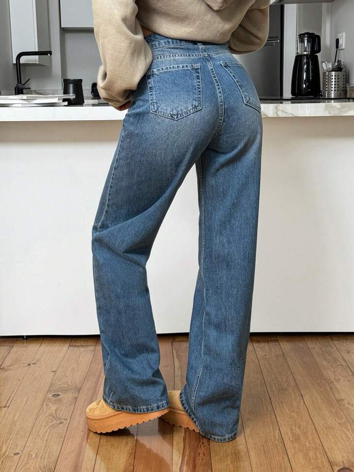 Highwaist Ball Blast Straight Fit Wide Leg Denim Dusty Blue