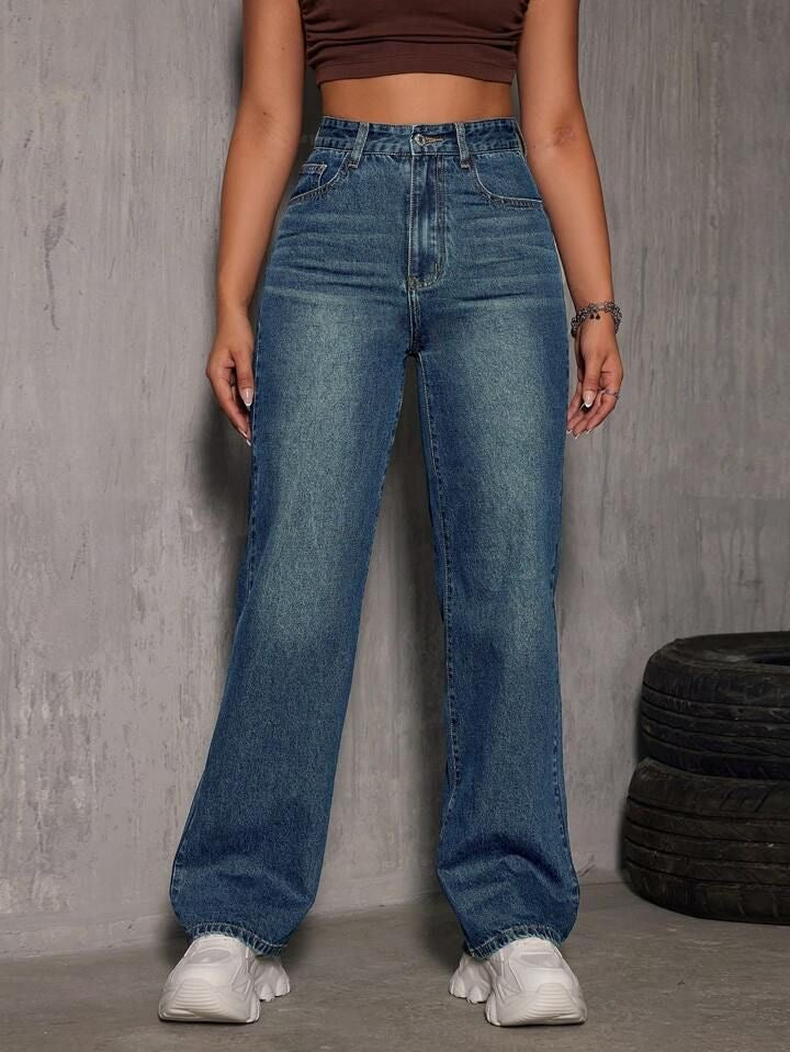 Highwaist Whisker Straight Fit Wide Leg Denim In Ocean Blue