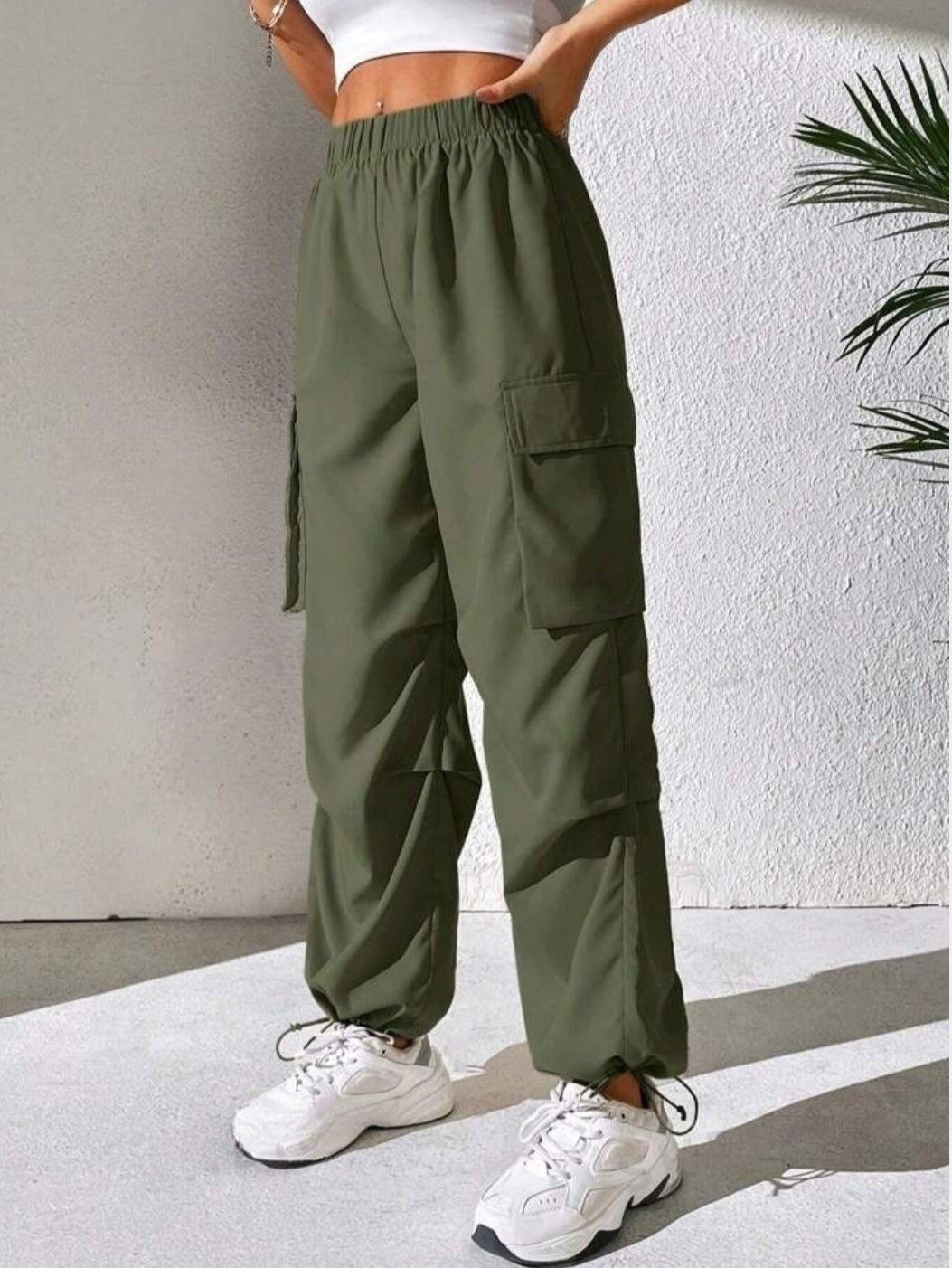 Drawstring Parachute Pants - Olive Green