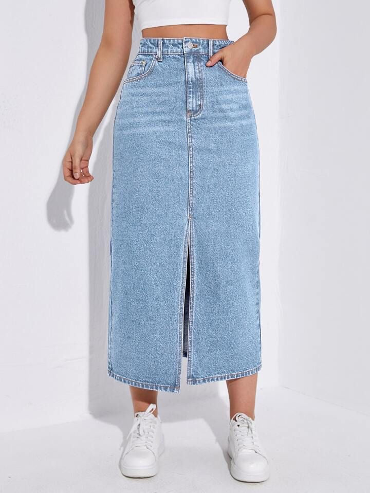 Highwaist Whisker Wash Long Skirt In Light Blue