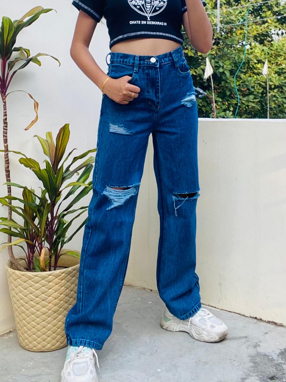 Highwaist Distressed Wide Leg Denim In Dark Blue