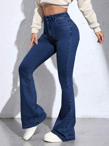Highwaist Bellbottom Flared Leg Denim In Dark Blue