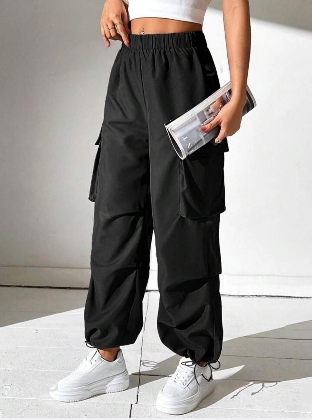 Drawstring Parachute Pants - Black