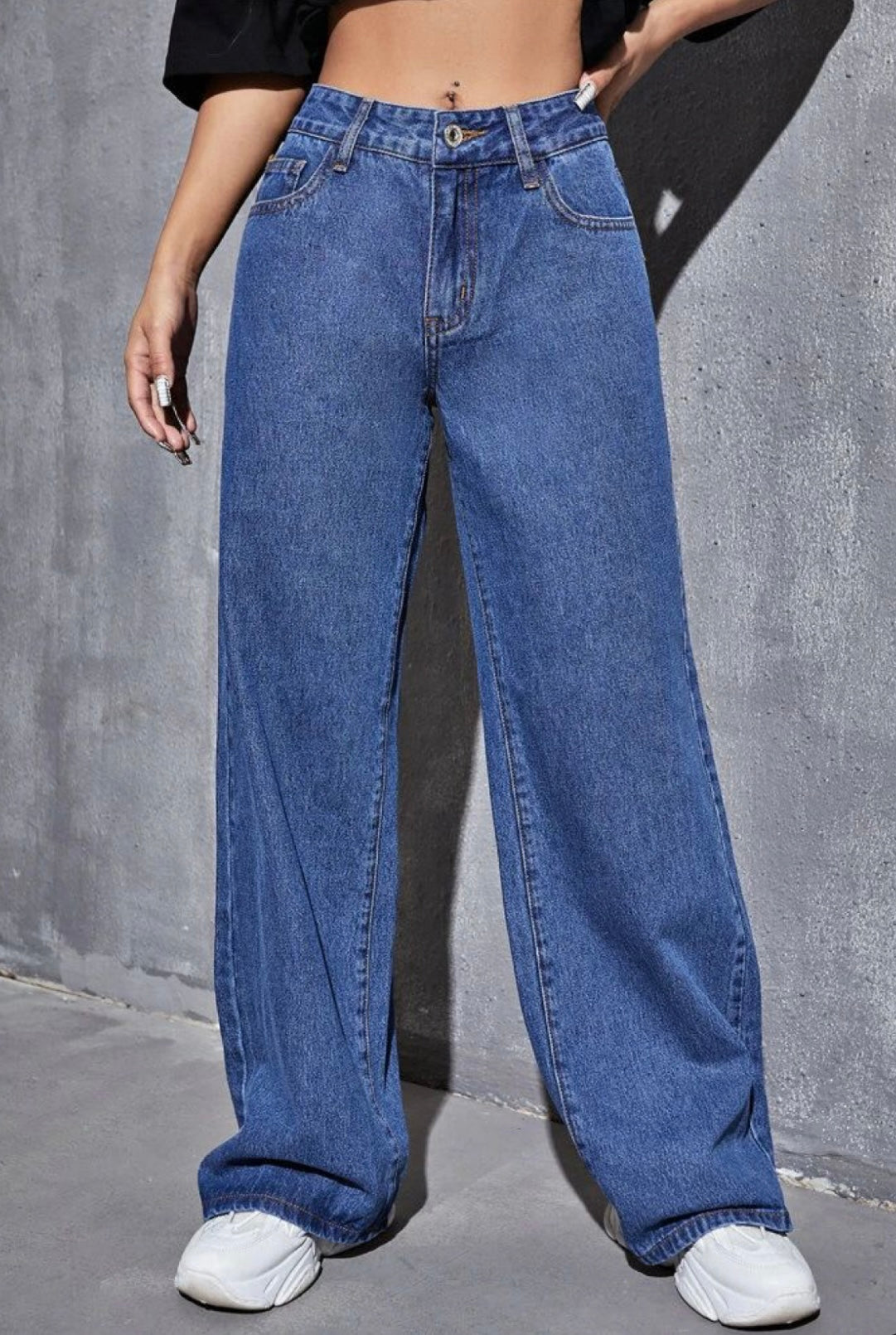 Highwaist Straight Fit Wide Leg Denim In Dark Blue