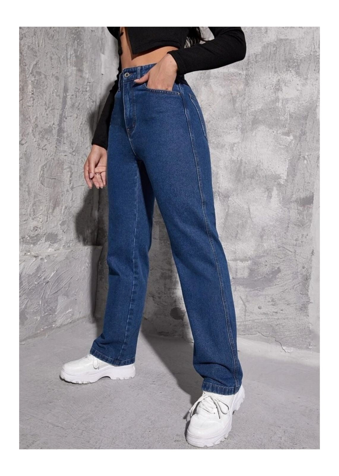 Highwaist Straight Fit Wide Leg Denim In Dark Blue