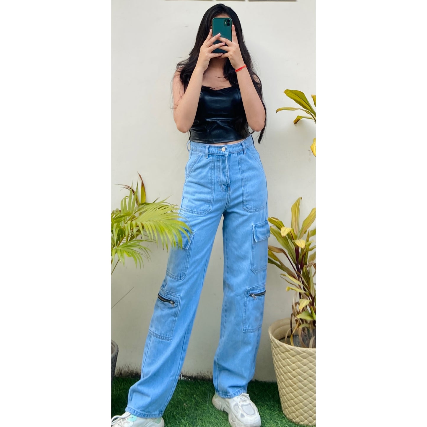 Highwaist Side Zipper Cargo Style Denim In Light Blue