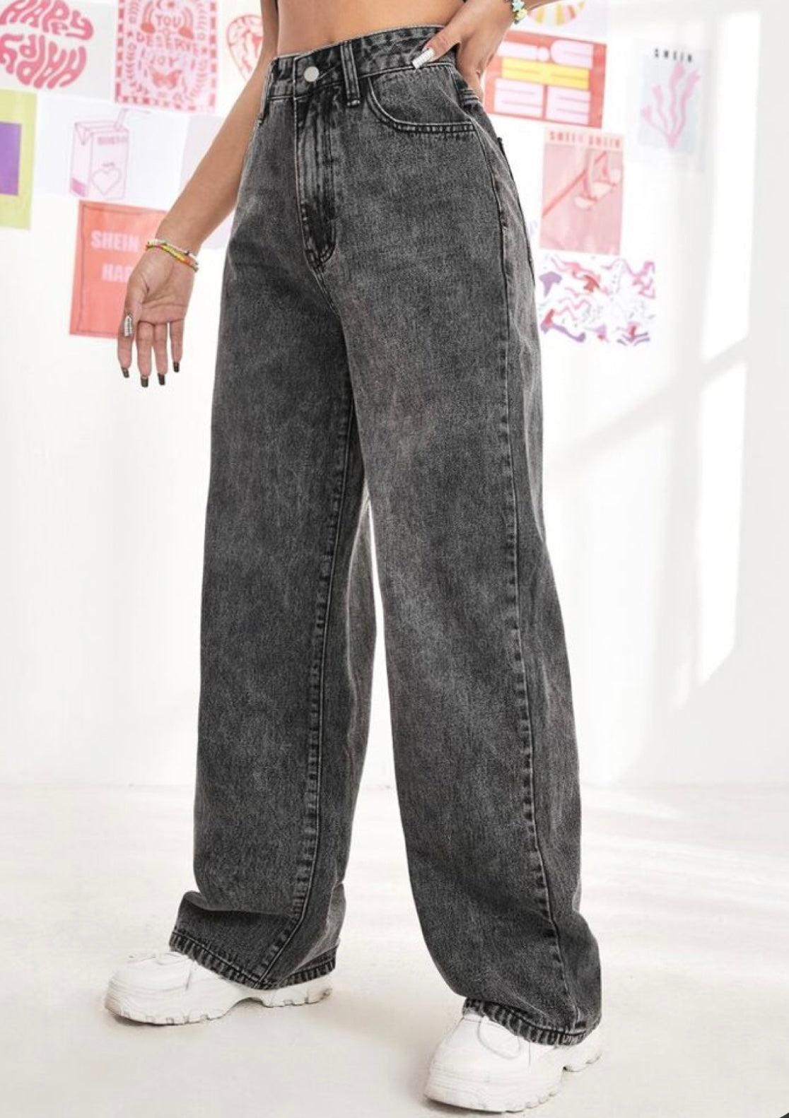 Highwaist Straight Fit Wide Leg Denim In Charcoal Grey
