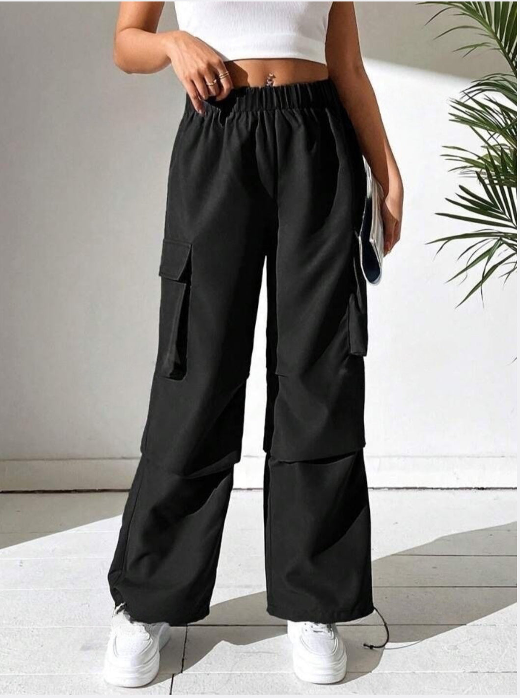 Drawstring Parachute Pants - Black